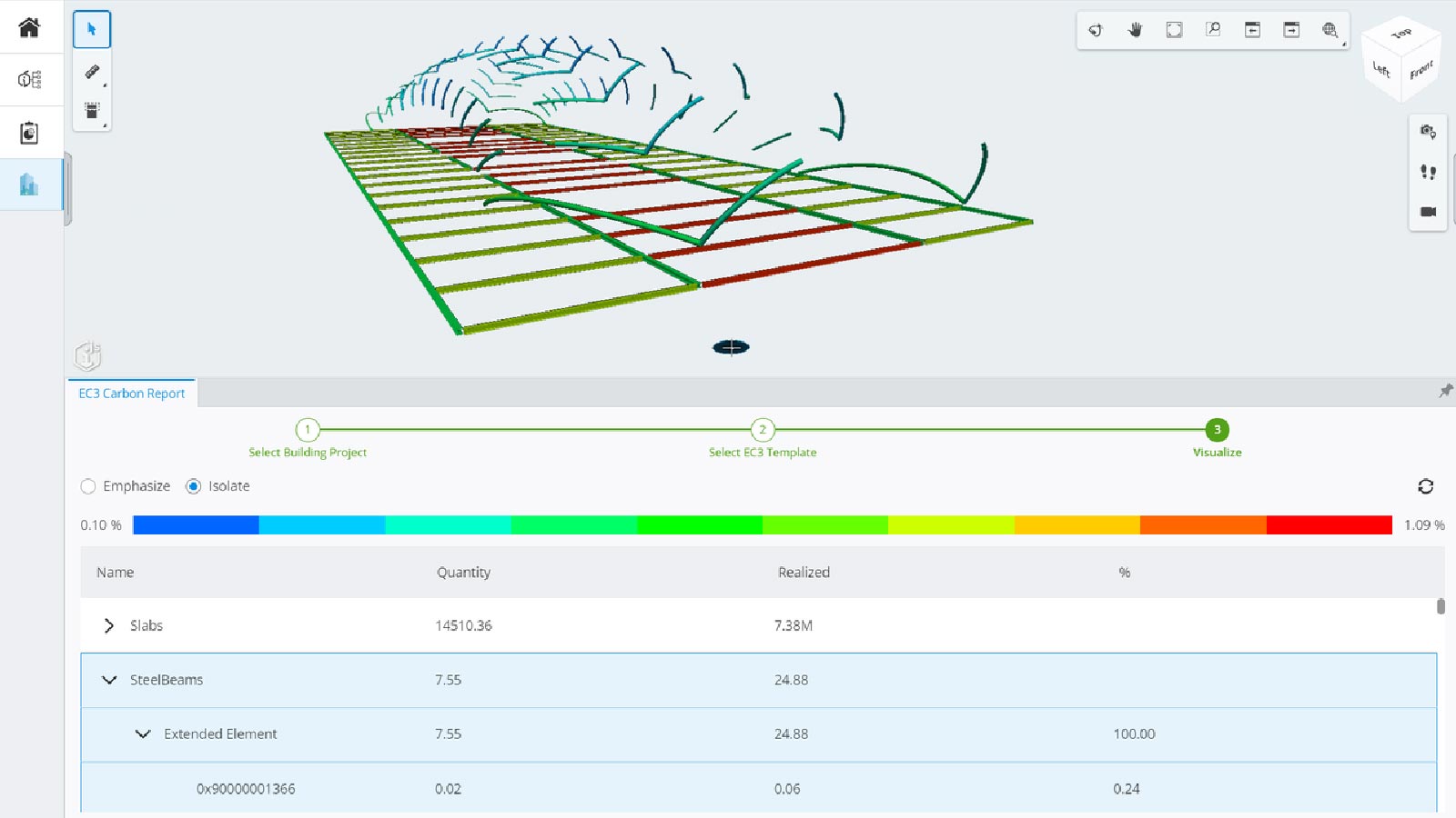 Ask Bentley Anything Article Image. Figure 1 depicts embodied carbon impact calculation from EC3 visualized in iTwin Experience.