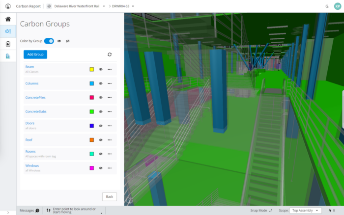 Design elements in logical groups for embodied carbon impact calculation. Image courtesy of Bentley Systems.