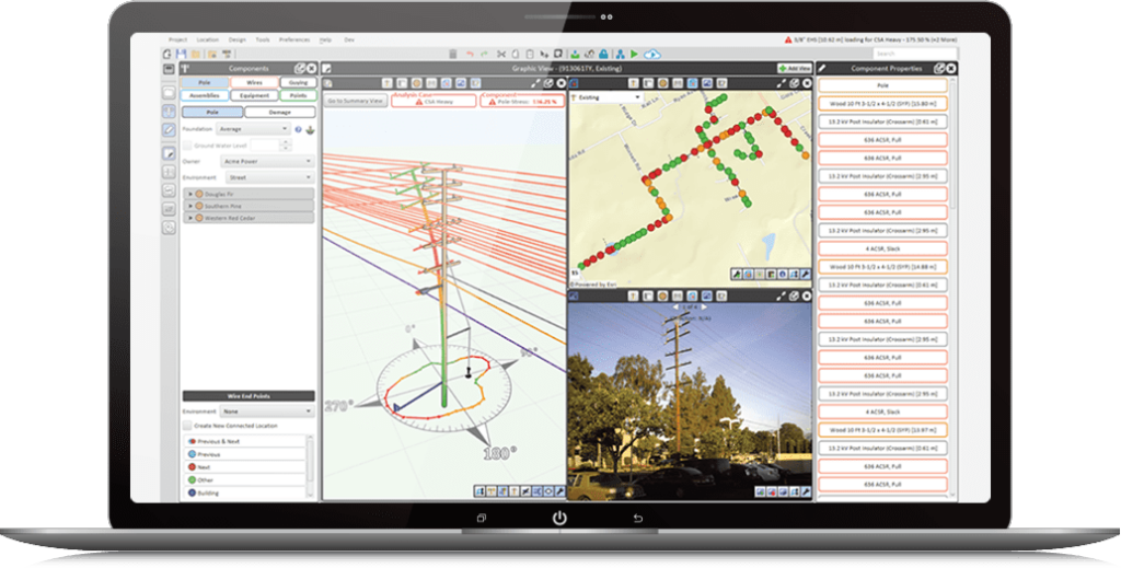 A laptop screen showcases SPIDA®calc software, featuring a 3D model of a utility pole alongside a map with plotted points, aerial images, and coordinate data in the sidebar—all tools to optimize grid infrastructure management.