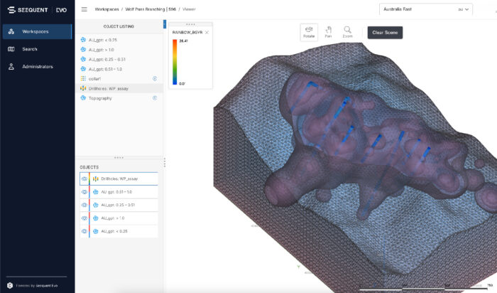 Drillholes with corresponding gold assays and interpretation grade shells shown in Seequent Evo 3D viewer (courtesy Seequent)