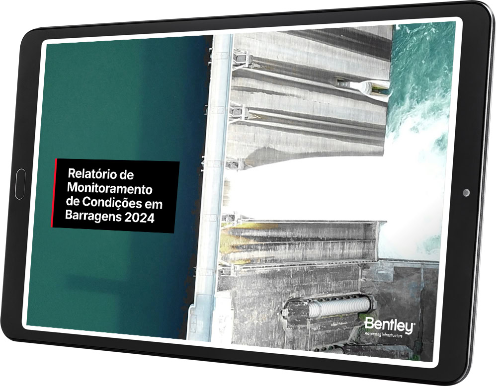 A tablet displays a report titled "Relatório de Monitoramento de Condições em Barragens 2024," featuring a partial image of a dam in Brazil.